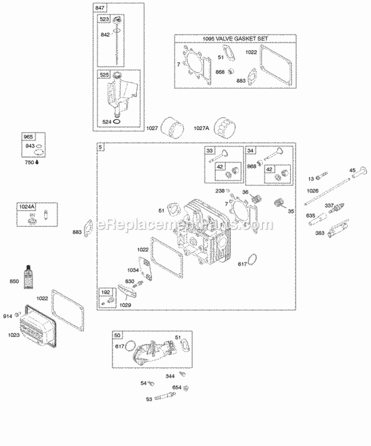 Cylinder Head Gasket Set - Valve Intake Manifold Lubrication Valves Diagram and Parts List for 31P877-0608-E2  Briggs and Stratton Engine